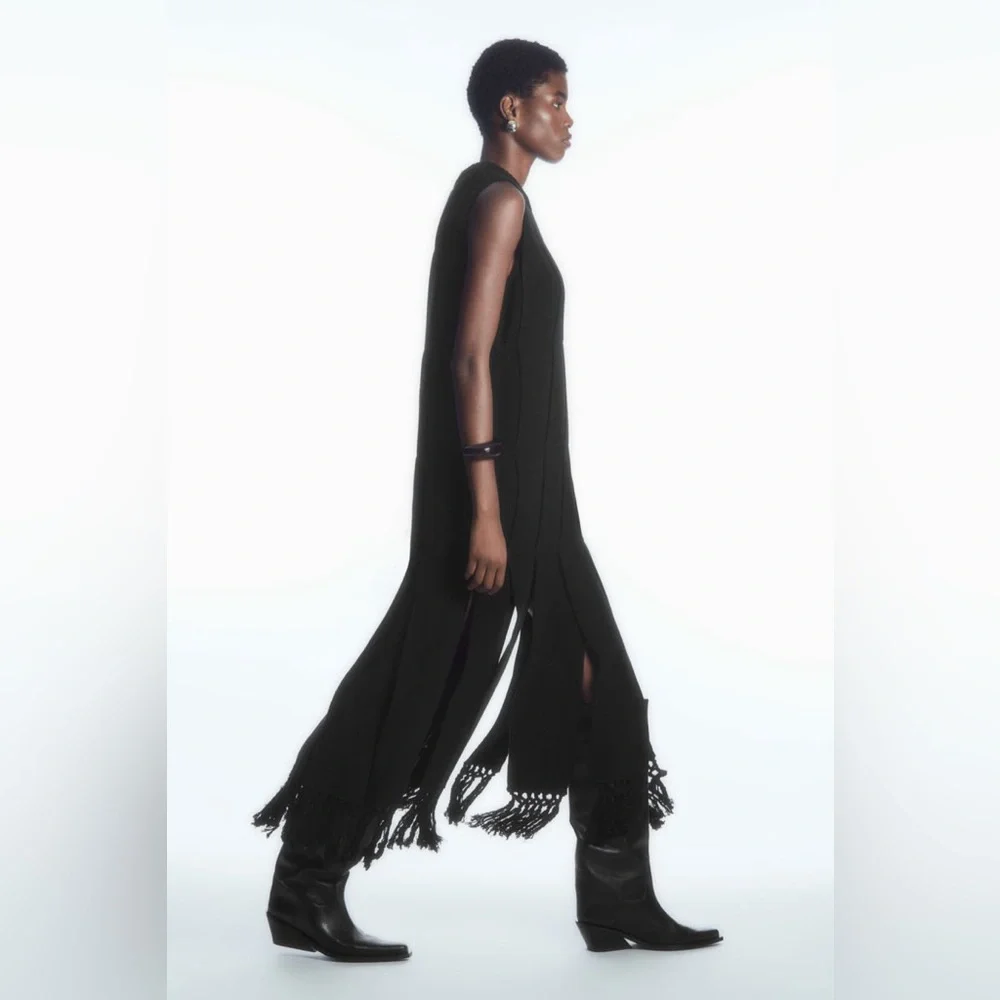 COS Fringed Panelled Wool Midi Dress black tassel knit  designer minimal sweater - Picture 3 of 15